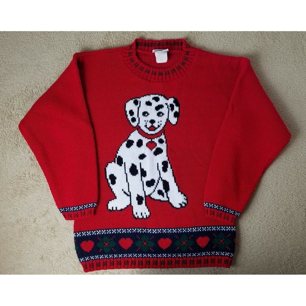 Basic Editions Girl's Large Dalmatian Puppy Knit Christmas Sweater Vintage 90s